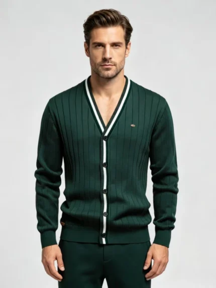 Men's Vertical Rib Contrast Trim V Neck Cardigan