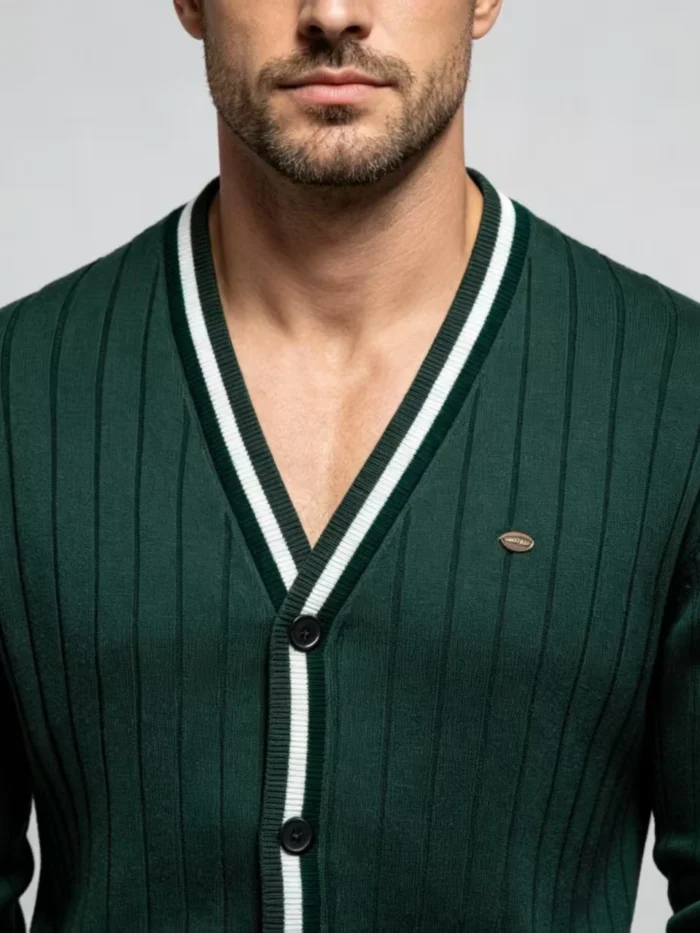 Men's Vertical Rib Contrast Trim V Neck Cardigan - Image 2