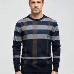 Men's Big Grid Plaid Crew Neck Knit Sweater Soft Warm Fall Business Casual Tartan Layering Pullover