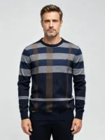 Men's Big Grid Plaid Crew Neck Knit Sweater Soft Warm Fall Business Casual Tartan Layering Pullover