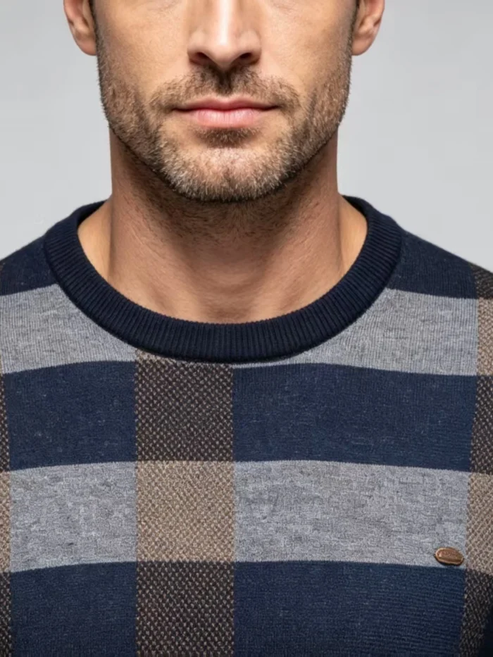 Men's Big Grid Plaid Crew Neck Knit Sweater Soft Warm Fall Business Casual Tartan Layering Pullover - Image 2