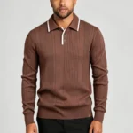 Men's Vertical Rib Contrast Trim Collar Long Sleeve Polo Knit Sweater Slim Fit Business Casual Spring Fall Layering Pullover