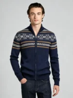 Men's Fair Isle Geometric Striped Full Zip Stand Collar Knit Cardigan Soft Warm Winter Holiday Casual Layering Jacket