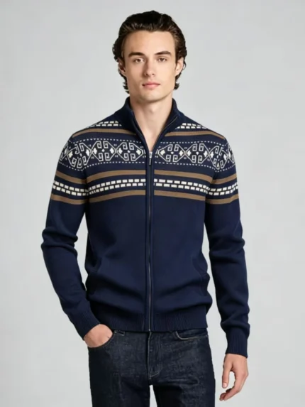 Men's Fair Isle Geometric Striped Full Zip Stand Collar Knit Cardigan Soft Warm Winter Holiday Casual Layering Jacket
