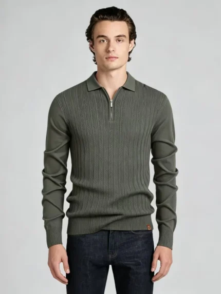 Men's Vertical Rib Half Zip Polo Knit Sweater