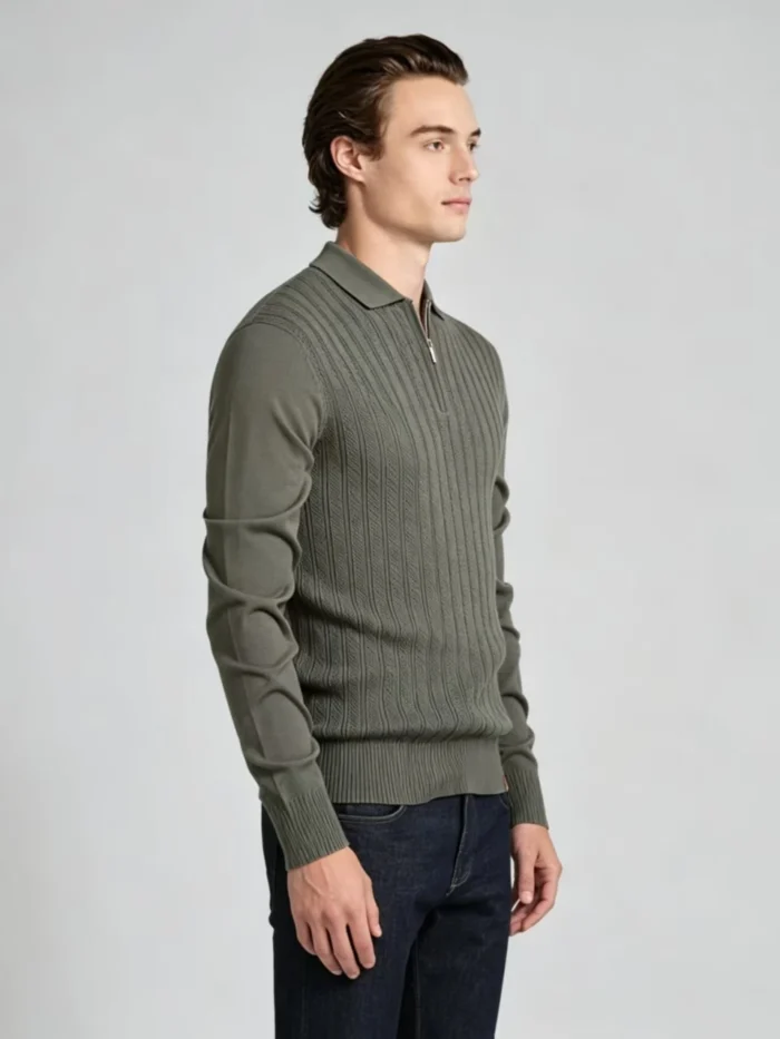 Men's Vertical Rib Half Zip Polo Knit Sweater - Image 2