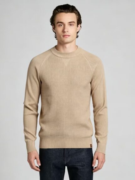 Men's Waffle Textured Crew Neck Raglan Sleeve Knit Sweater Soft Breathable Spring Fall Casual Layering Pullover