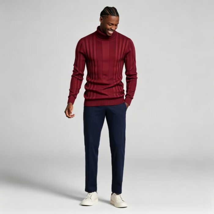 Men's High Stretch Vertical Rib Turtleneck Knit Sweater Multi Occasion Windproof Daily Travel Warm Base Layer Top - Image 2