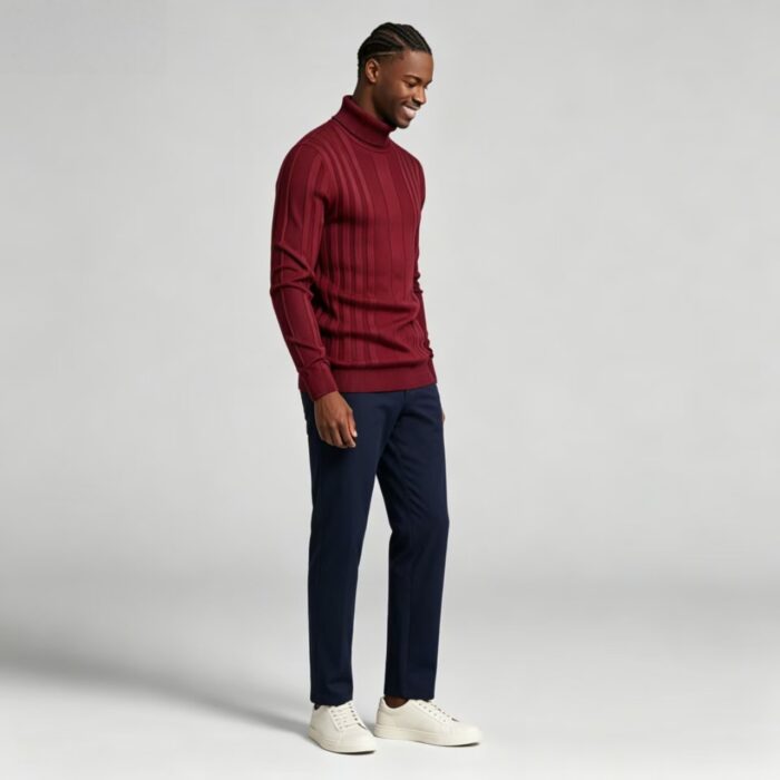 Men's High Stretch Vertical Rib Turtleneck Knit Sweater Multi Occasion Windproof Daily Travel Warm Base Layer Top - Image 4