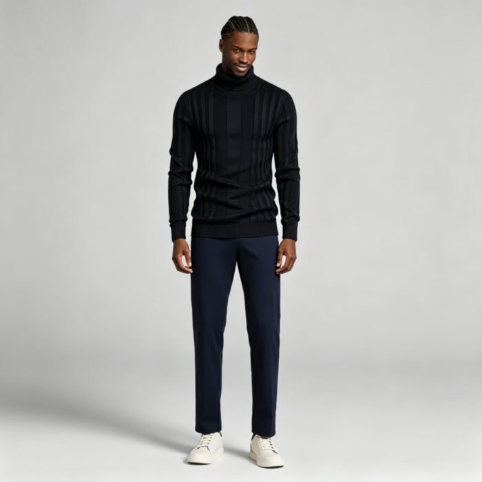 Men's High Stretch Vertical Rib Turtleneck Knit Sweater Multi Occasion Windproof Daily Travel Warm Base Layer Top - Image 6