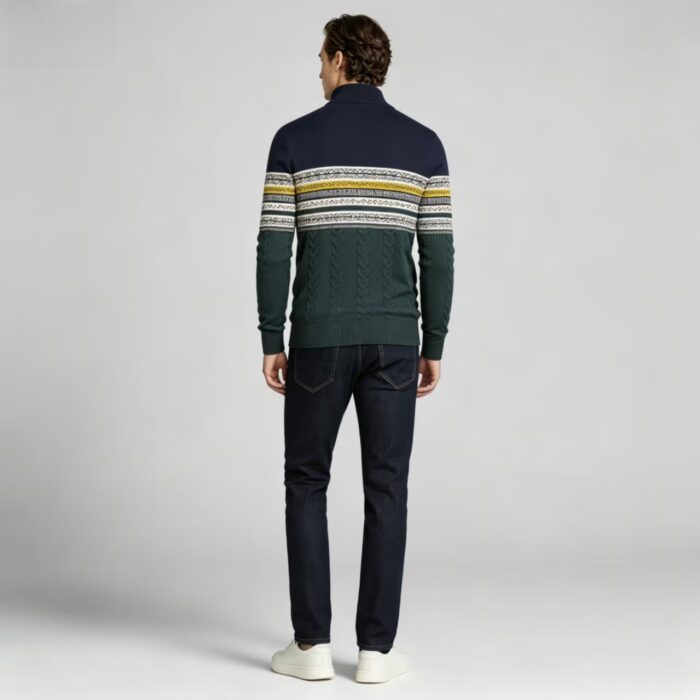 Men's Fair Isle Striped Quarter Zip Mock Neck Cable Knit Sweater Soft Warm Winter Holiday Casual Layering Pullover - Image 3