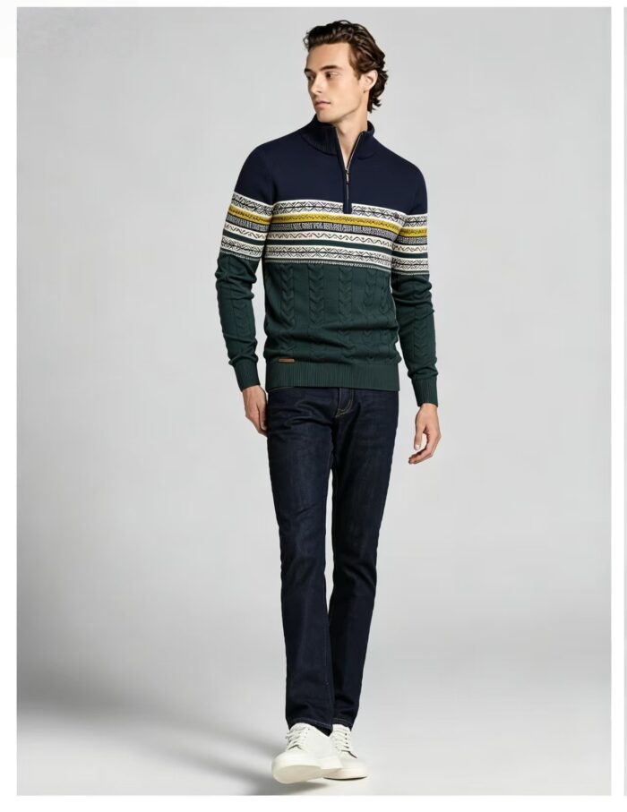 Men's Fair Isle Striped Quarter Zip Mock Neck Cable Knit Sweater Soft Warm Winter Holiday Casual Layering Pullover - Image 4