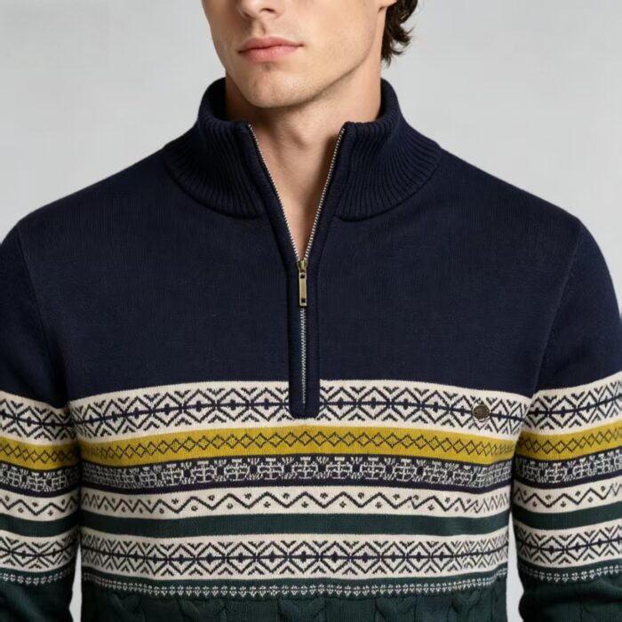 Men's Fair Isle Striped Quarter Zip Mock Neck Cable Knit Sweater Soft Warm Winter Holiday Casual Layering Pullover - Image 5