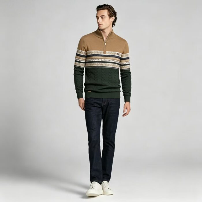 Men's Fair Isle Striped Quarter Zip Mock Neck Cable Knit Sweater Soft Warm Winter Holiday Casual Layering Pullover - Image 6