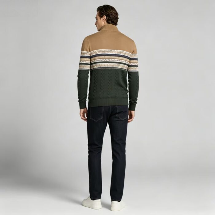 Men's Fair Isle Striped Quarter Zip Mock Neck Cable Knit Sweater Soft Warm Winter Holiday Casual Layering Pullover - Image 7