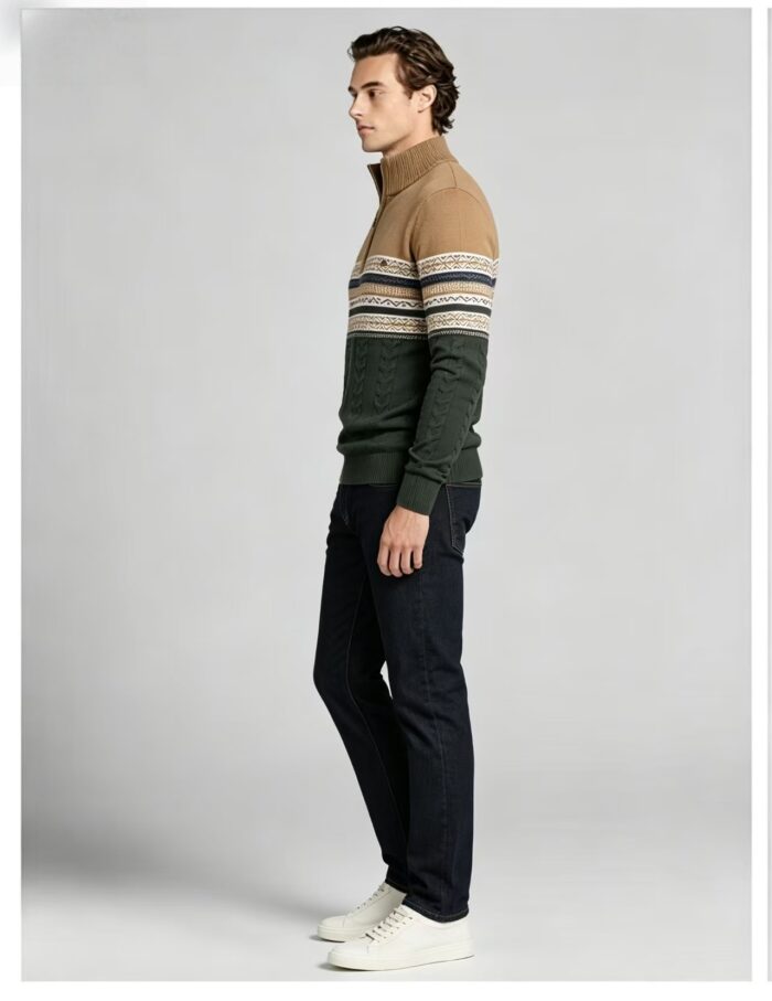 Men's Fair Isle Striped Quarter Zip Mock Neck Cable Knit Sweater Soft Warm Winter Holiday Casual Layering Pullover - Image 8