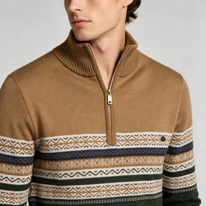 Men's Fair Isle Striped Quarter Zip Mock Neck Cable Knit Sweater Soft Warm Winter Holiday Casual Layering Pullover - Image 9