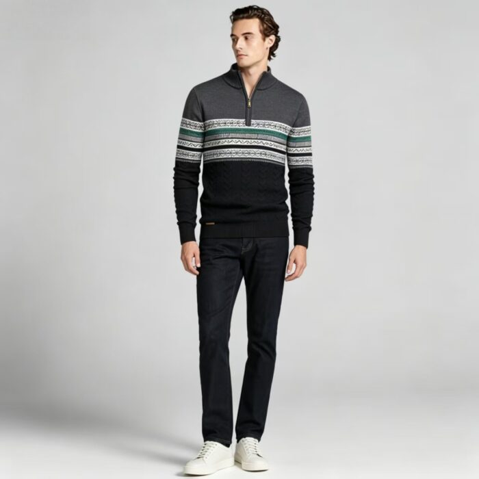 Men's Fair Isle Striped Quarter Zip Mock Neck Cable Knit Sweater Soft Warm Winter Holiday Casual Layering Pullover - Image 10