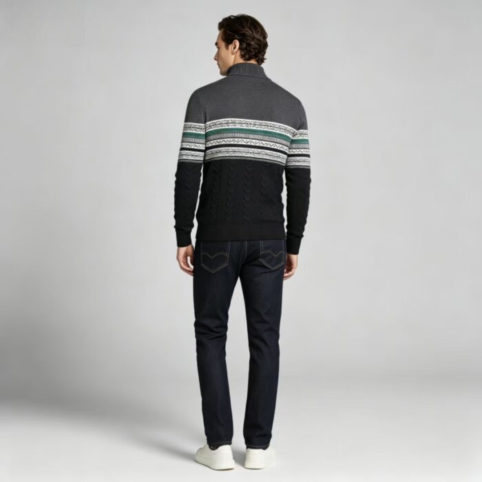 Men's Fair Isle Striped Quarter Zip Mock Neck Cable Knit Sweater Soft Warm Winter Holiday Casual Layering Pullover - Image 11