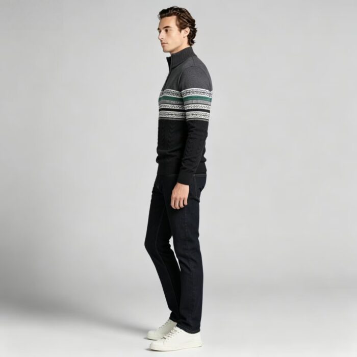 Men's Fair Isle Striped Quarter Zip Mock Neck Cable Knit Sweater Soft Warm Winter Holiday Casual Layering Pullover - Image 12