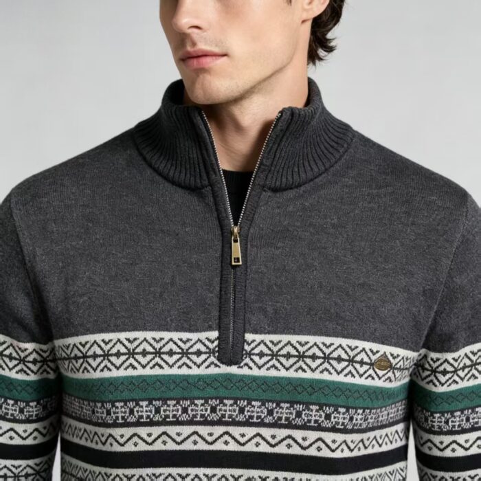 Men's Fair Isle Striped Quarter Zip Mock Neck Cable Knit Sweater Soft Warm Winter Holiday Casual Layering Pullover - Image 13