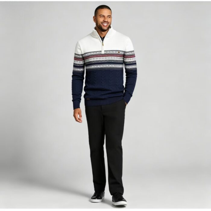 Men's Fair Isle Striped Quarter Zip Mock Neck Cable Knit Sweater Soft Warm Winter Holiday Casual Layering Pullover - Image 14