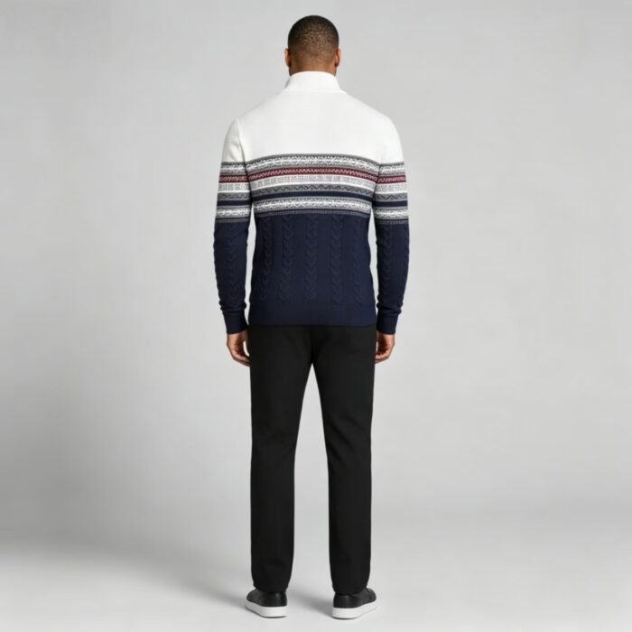 Men's Fair Isle Striped Quarter Zip Mock Neck Cable Knit Sweater Soft Warm Winter Holiday Casual Layering Pullover - Image 15