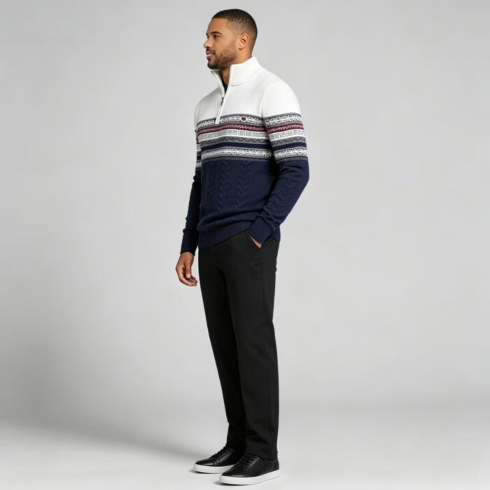 Men's Fair Isle Striped Quarter Zip Mock Neck Cable Knit Sweater Soft Warm Winter Holiday Casual Layering Pullover - Image 16