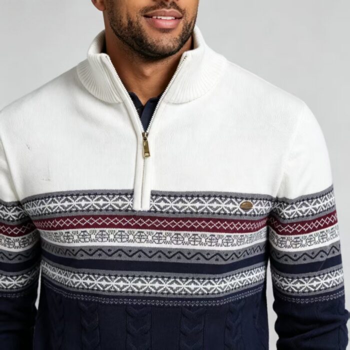 Men's Fair Isle Striped Quarter Zip Mock Neck Cable Knit Sweater Soft Warm Winter Holiday Casual Layering Pullover - Image 17