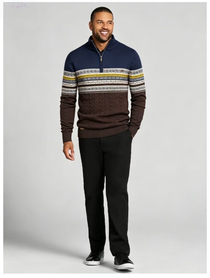 Men's Fair Isle Striped Quarter Zip Mock Neck Cable Knit Sweater Soft Warm Winter Holiday Casual Layering Pullover - Image 18