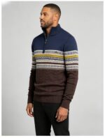 Men's Fair Isle Striped Quarter Zip Mock Neck Cable Knit Sweater Soft Warm Winter Holiday Casual Layering Pullover - Image 20