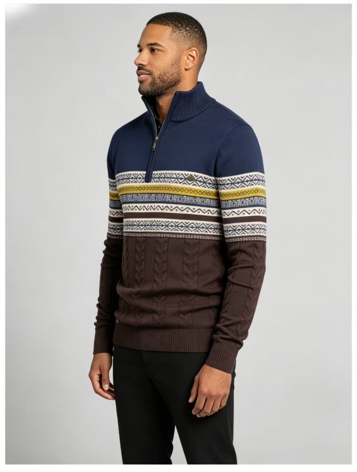 Men's Fair Isle Striped Quarter Zip Mock Neck Cable Knit Sweater Soft Warm Winter Holiday Casual Layering Pullover - Image 20