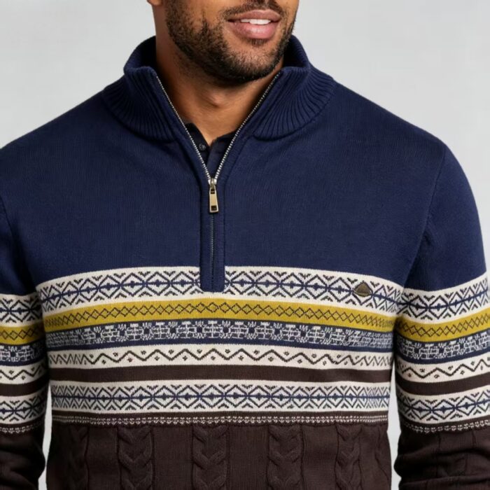 Men's Fair Isle Striped Quarter Zip Mock Neck Cable Knit Sweater Soft Warm Winter Holiday Casual Layering Pullover - Image 21