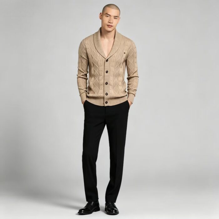 Men's Full Diamond Cable Knit Shawl Collar Button Front Cardigan Soft Warm Business Casual Layering Knit Jacket - Image 2