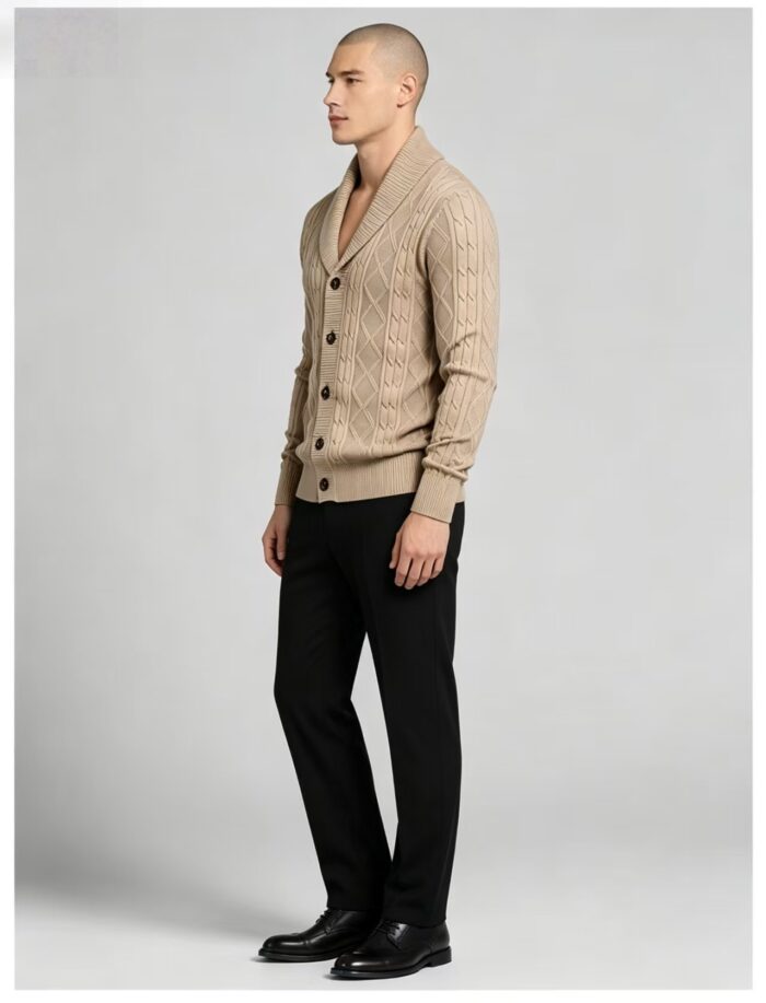 Men's Full Diamond Cable Knit Shawl Collar Button Front Cardigan Soft Warm Business Casual Layering Knit Jacket - Image 4