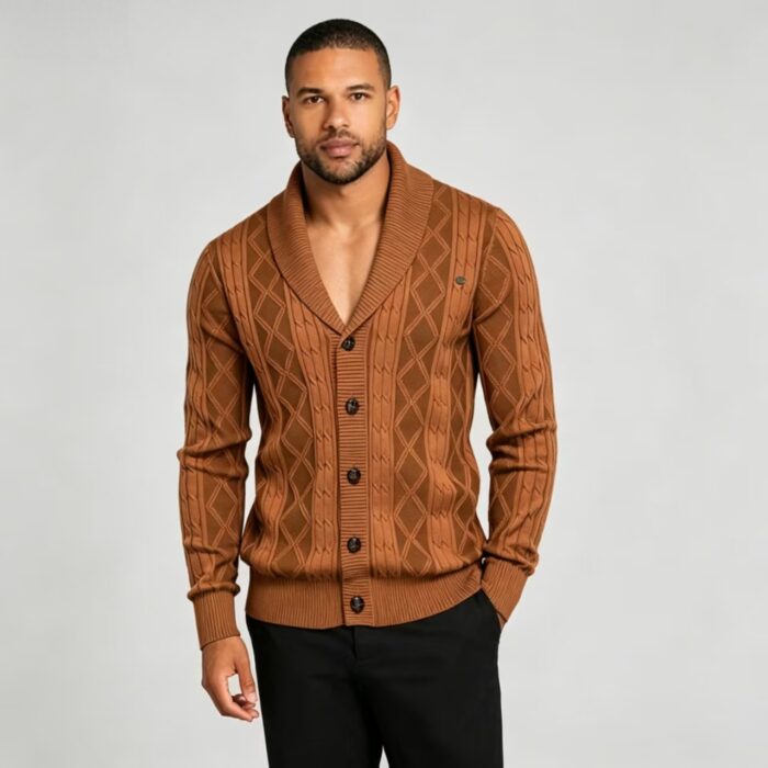 Men's Full Diamond Cable Knit Shawl Collar Button Front Cardigan Soft Warm Business Casual Layering Knit Jacket - Image 10