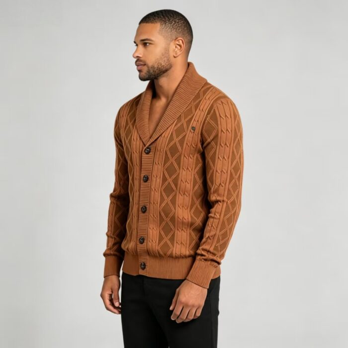 Men's Full Diamond Cable Knit Shawl Collar Button Front Cardigan Soft Warm Business Casual Layering Knit Jacket - Image 12