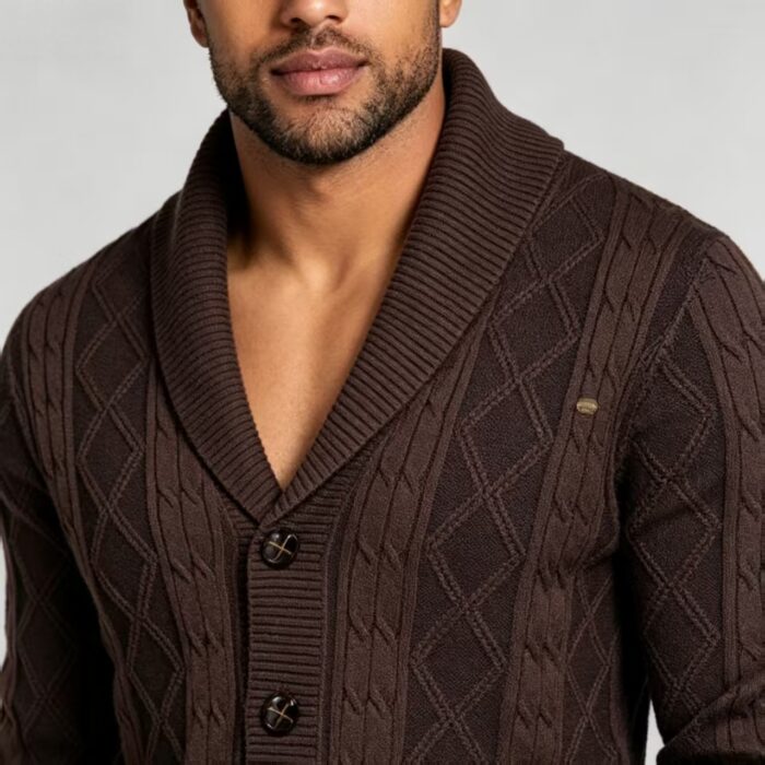 Men's Full Diamond Cable Knit Shawl Collar Button Front Cardigan Soft Warm Business Casual Layering Knit Jacket - Image 16