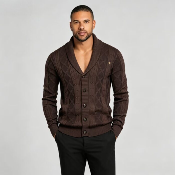 Men's Full Diamond Cable Knit Shawl Collar Button Front Cardigan Soft Warm Business Casual Layering Knit Jacket - Image 17