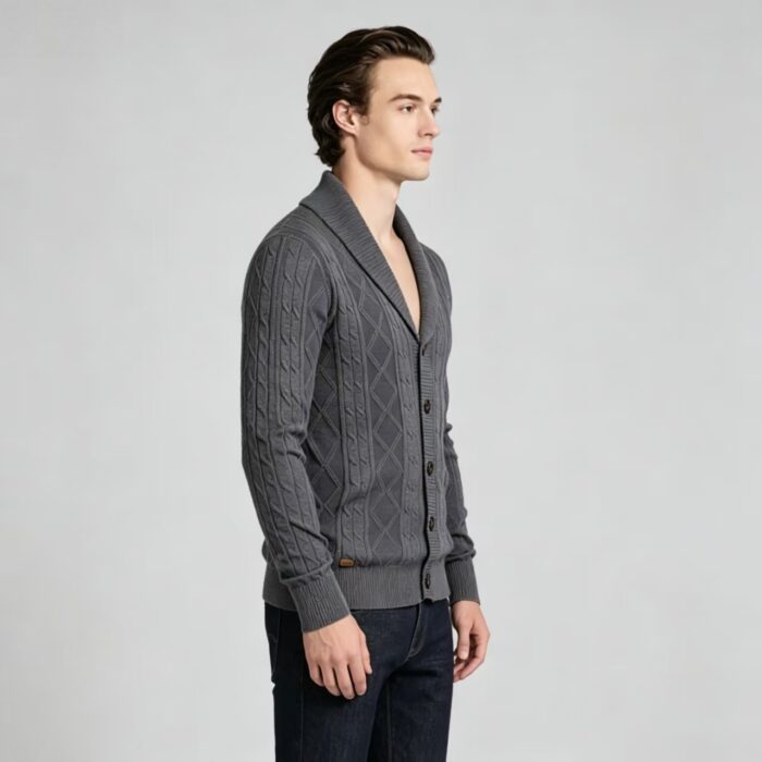 Men's Full Diamond Cable Knit Shawl Collar Button Front Cardigan Soft Warm Business Casual Layering Knit Jacket - Image 24