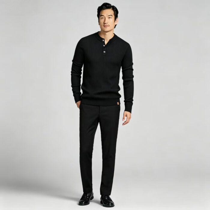 Men’s Henley Vertical‑Rib Long‑Sleeve Pullover Knit Sweater Product Description - Image 6