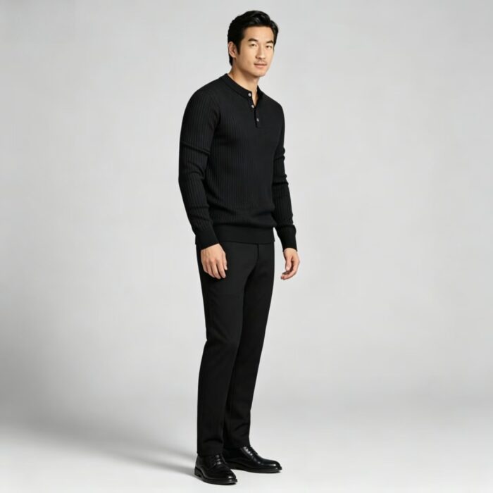 Men’s Henley Vertical‑Rib Long‑Sleeve Pullover Knit Sweater Product Description - Image 8