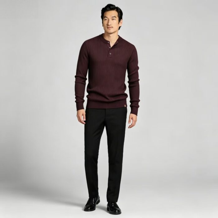 Men’s Henley Vertical‑Rib Long‑Sleeve Pullover Knit Sweater Product Description - Image 10