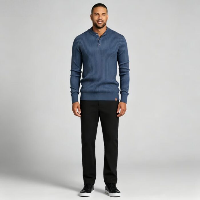 Men’s Henley Vertical‑Rib Long‑Sleeve Pullover Knit Sweater Product Description - Image 14