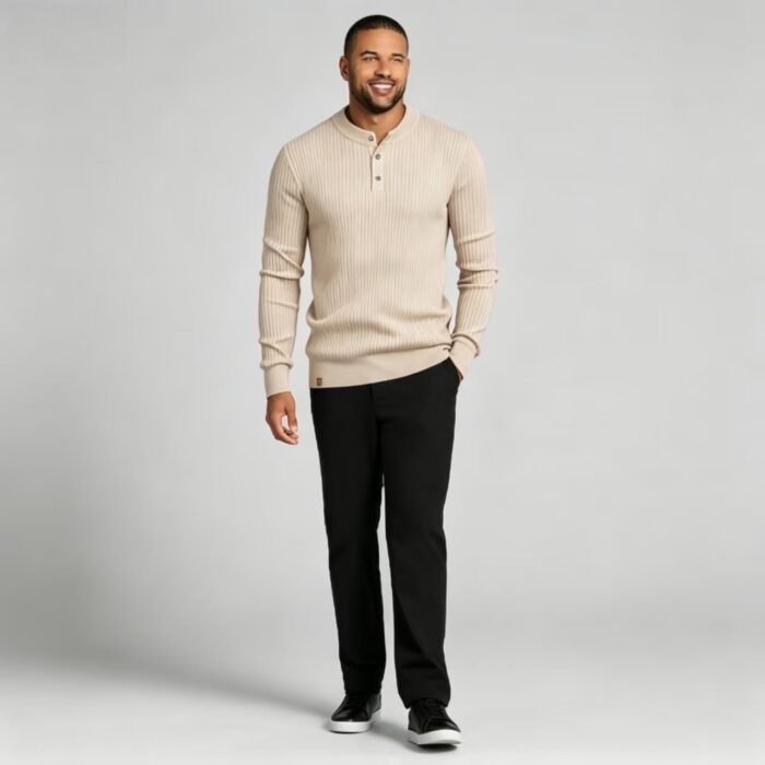 Men’s Henley Vertical‑Rib Long‑Sleeve Pullover Knit Sweater Product Description - Image 18