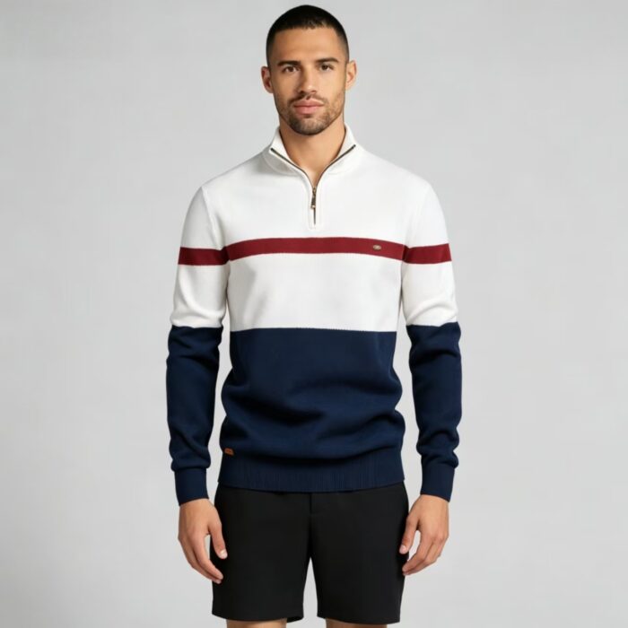 Men's Color Block Stripe Quarter Zip Knit Sweater - Image 6