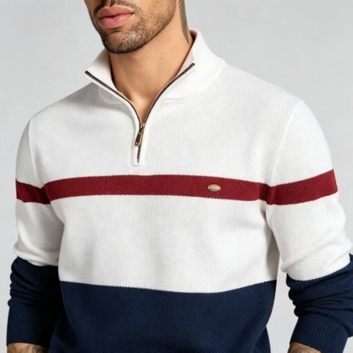Men's Color Block Stripe Quarter Zip Knit Sweater - Image 9