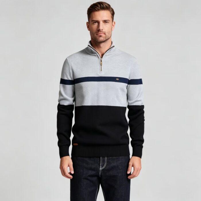 Men's Color Block Stripe Quarter Zip Knit Sweater - Image 10